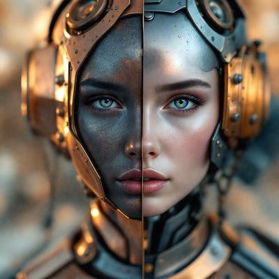 The primary subject of the image is a woman with two different colored faces, one black and one silver. The setting is a futuristic environment, possibly a dystopian or cyberpunk scene. The visual style is a combination of photo and digital art, creating a unique and intriguing image. The dominant colors are black and silver, with the black face contrasting sharply with the silver face. The overall atmosphere is mysterious and thought-provoking, inviting the viewer to ponder the meaning behind the image
